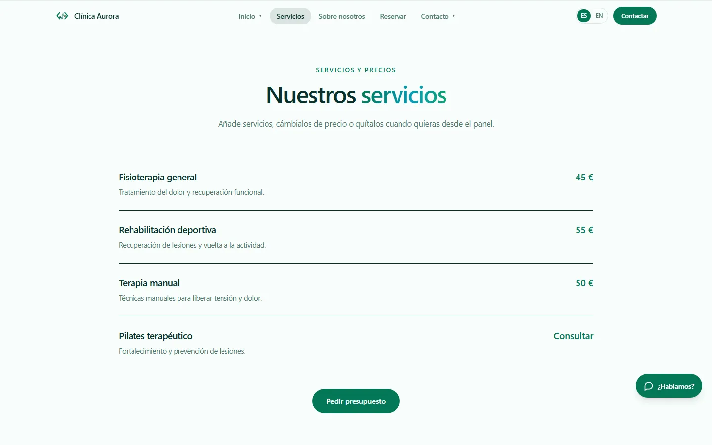 Pàgina de serveis i preus d’una web feta amb Axon